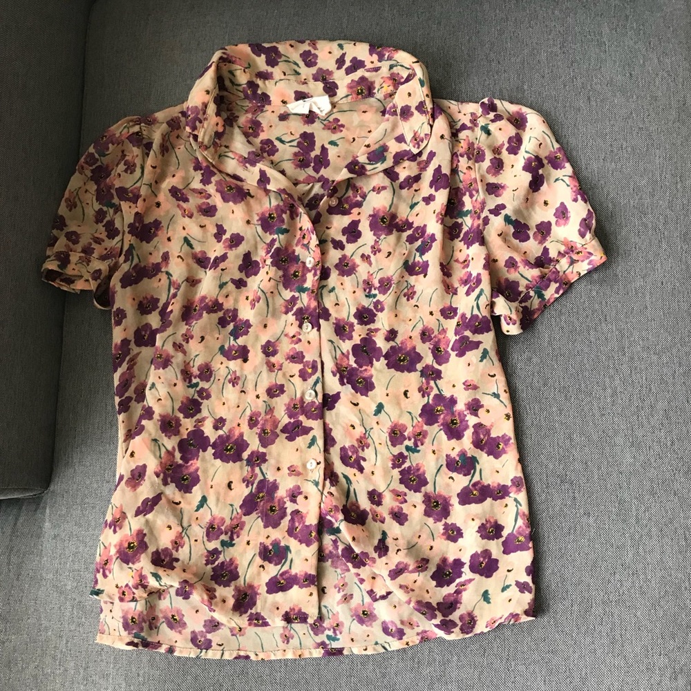 Sheer Floral Button Up Blouse with Puff Sleeves